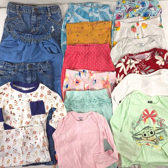 MIXED LOT OF 17 JEAN PANTS PAJAMAS GIRL TODDLER 24M 2T BLUE WHITE PINK tiny hole - Picture 1 of 16